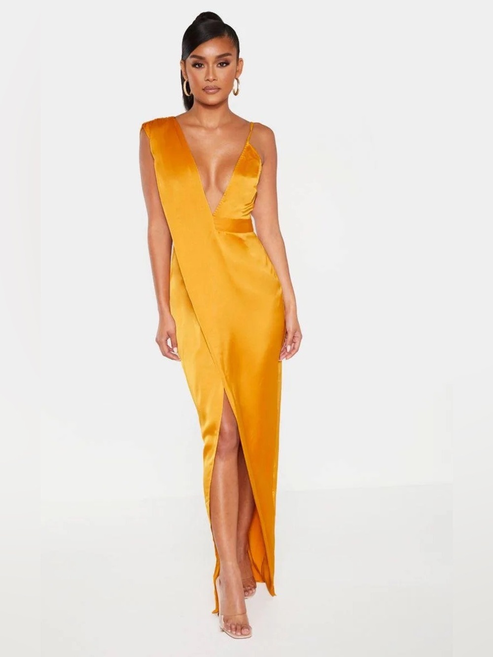 PrettyLittleThing One-Shoulder Satin Split Maxi Dress in Mustard Yellow